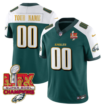 Custom Name/Gender Philadelphia Eagles Super Bowl LIX Champions Gold Trim Vapor Limited Jersey - All Stitched