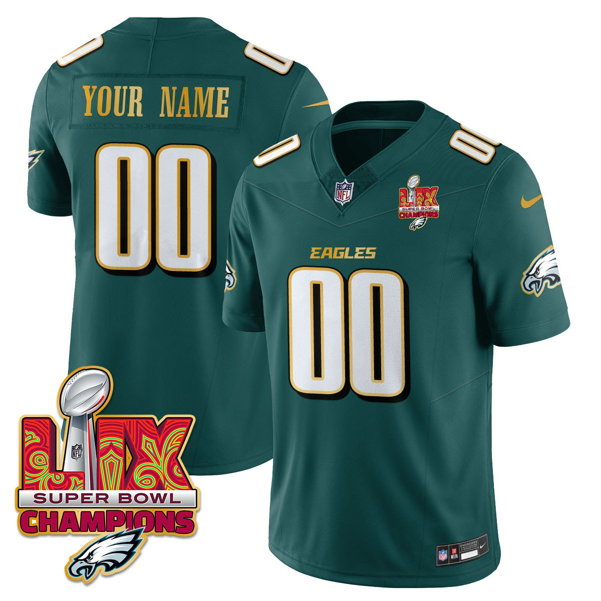 Custom Name/Gender Philadelphia Eagles Super Bowl LIX Champions Gold Trim Vapor Limited Jersey - All Stitched