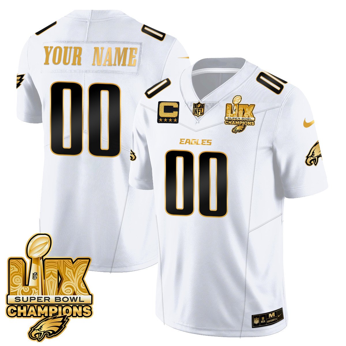 Custom Name/Gender Philadelphia Eagles Super Bowl LIX Champions Gold Trim Vapor Limited Jersey - All Stitched