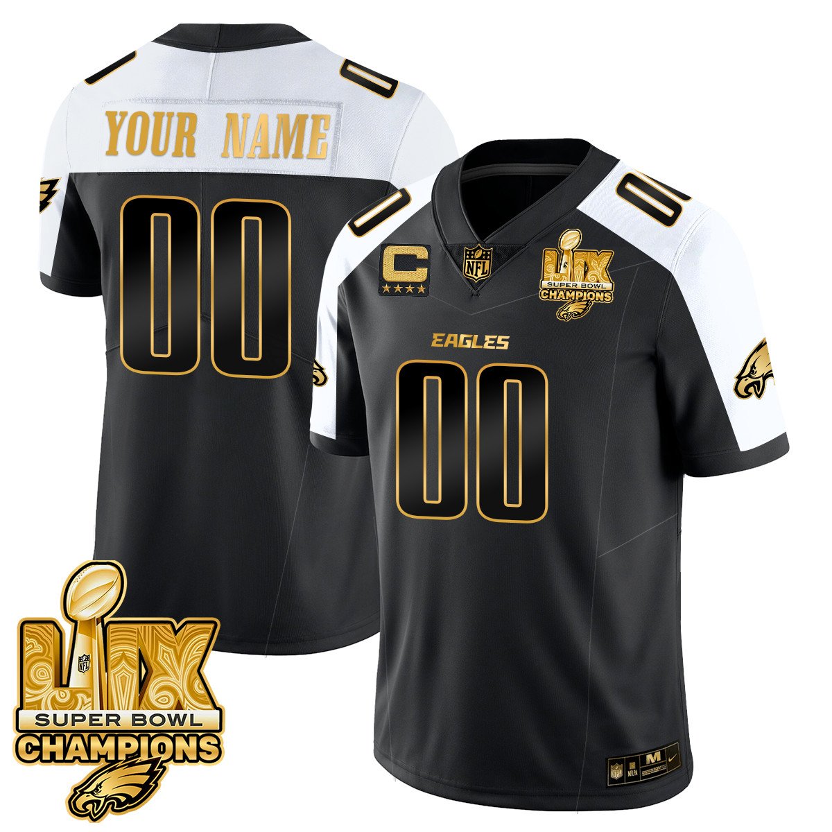 Custom Name/Gender Philadelphia Eagles Super Bowl LIX Champions Gold Trim Vapor Limited Jersey - All Stitched