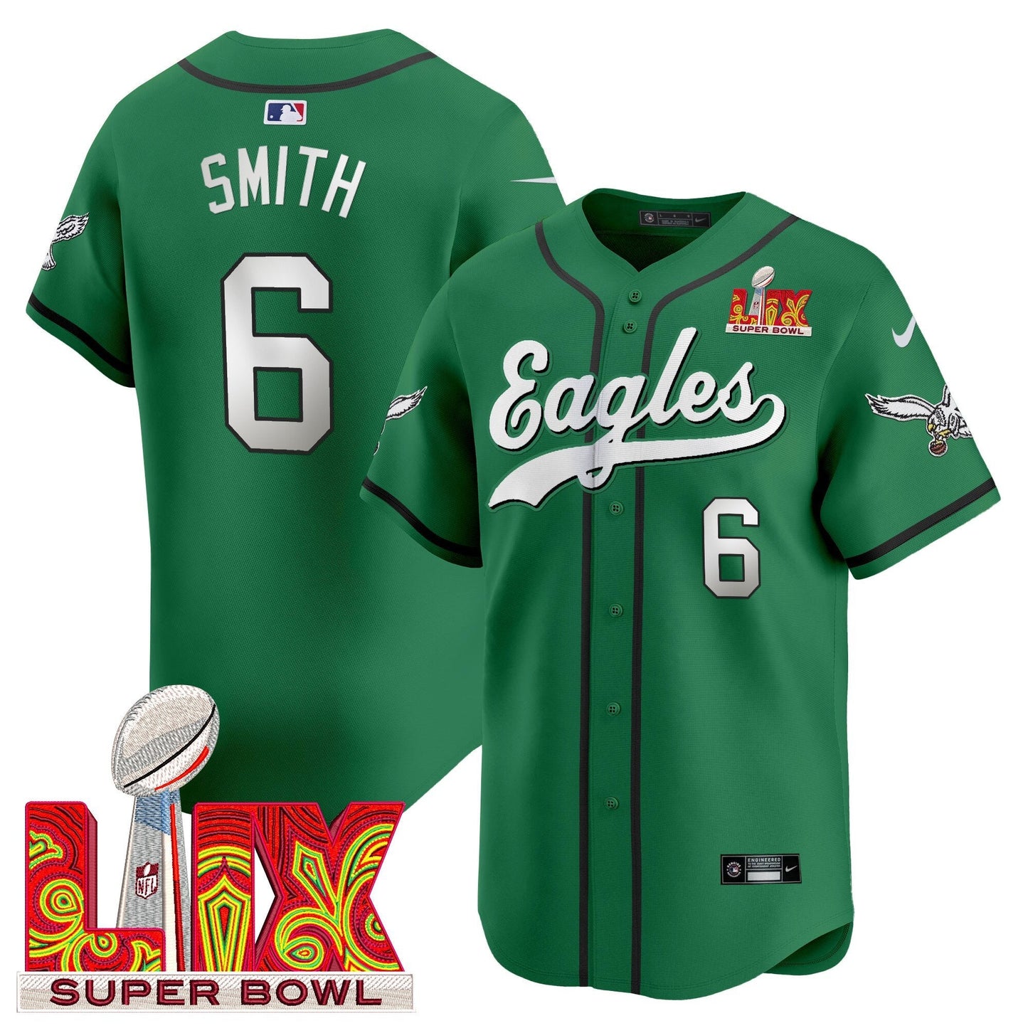 Philadelphia Eagles Midnight Green Super Bowl LIX Vapor Baseball Jersey - All Stitched