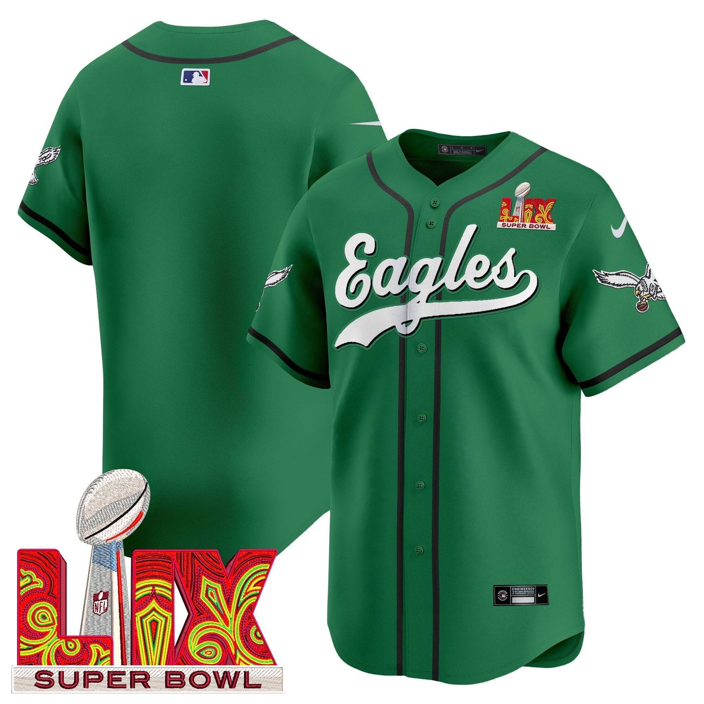 Philadelphia Eagles Midnight Green Super Bowl LIX Vapor Baseball Jersey - All Stitched