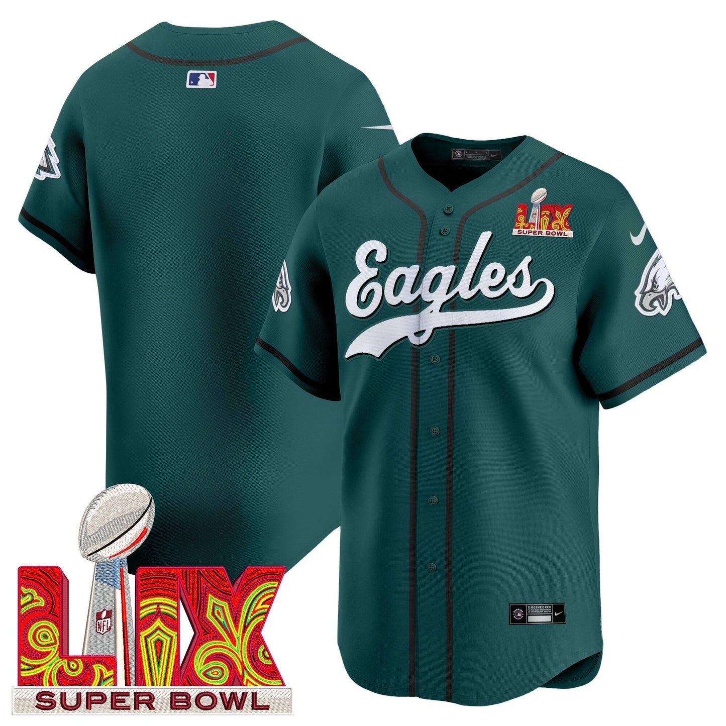 Philadelphia Eagles Midnight Green Super Bowl LIX Vapor Baseball Jersey - All Stitched