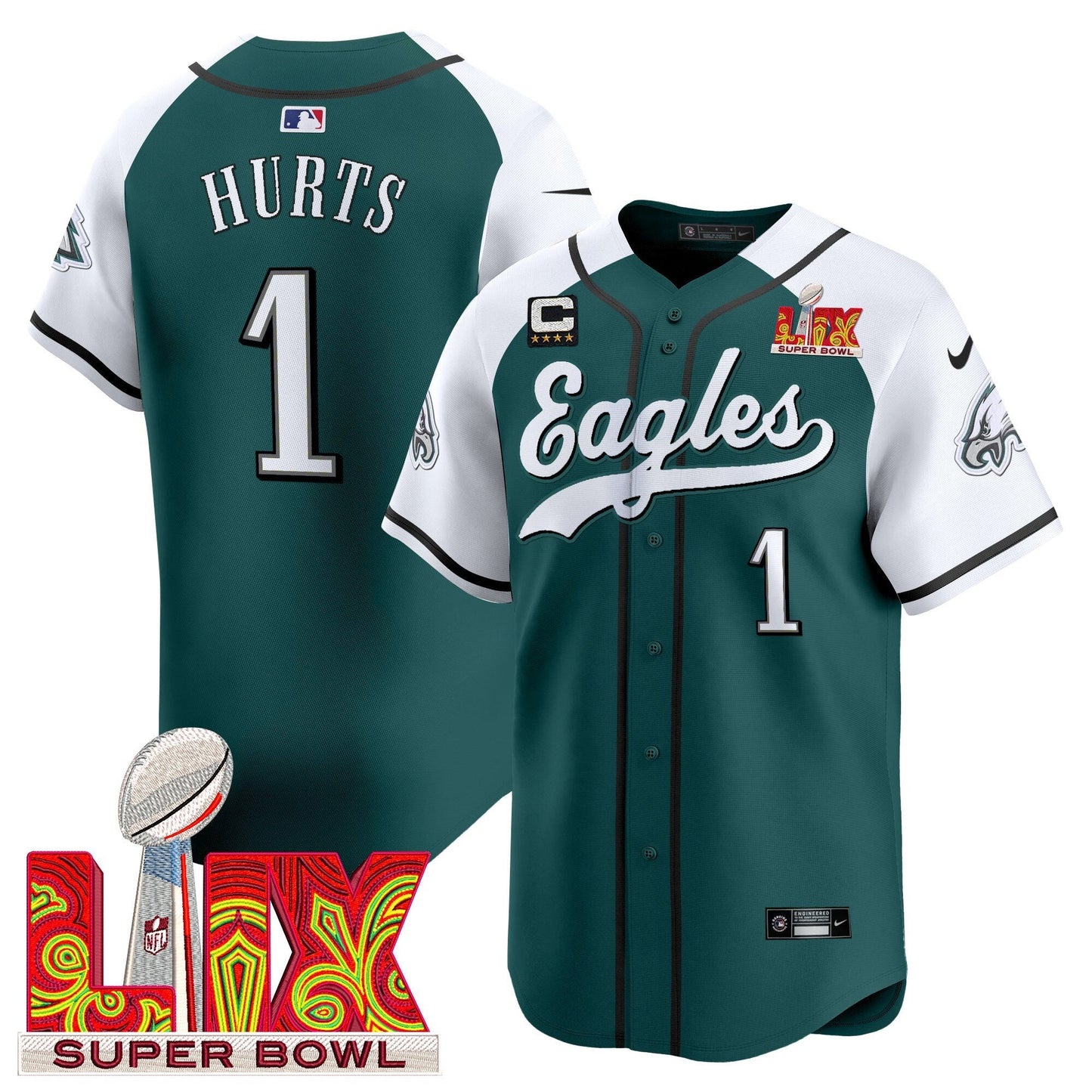 Philadelphia Eagles Midnight Green Super Bowl LIX Vapor Baseball Jersey - All Stitched