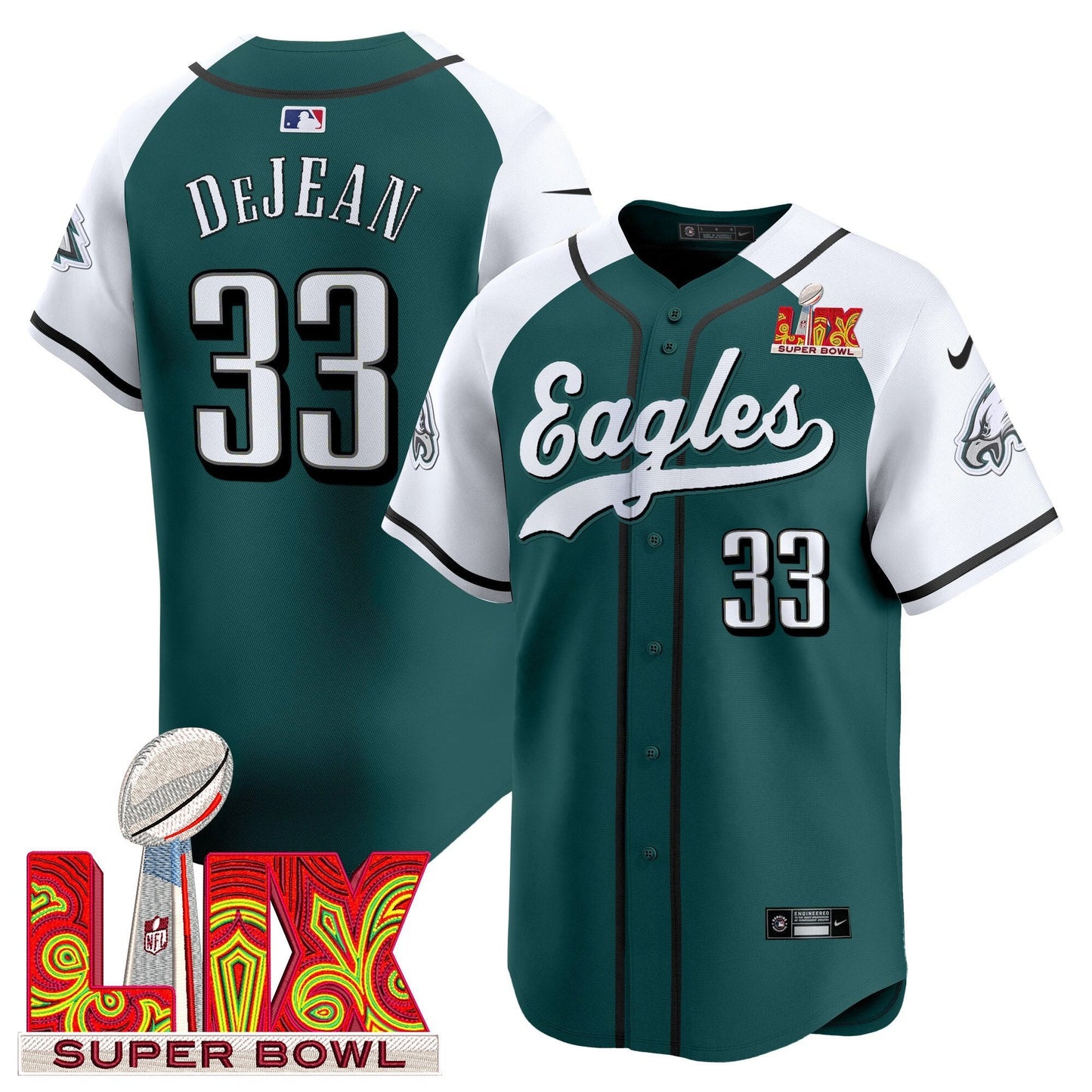 Philadelphia Eagles Midnight Green Super Bowl LIX Vapor Baseball Jersey - All Stitched