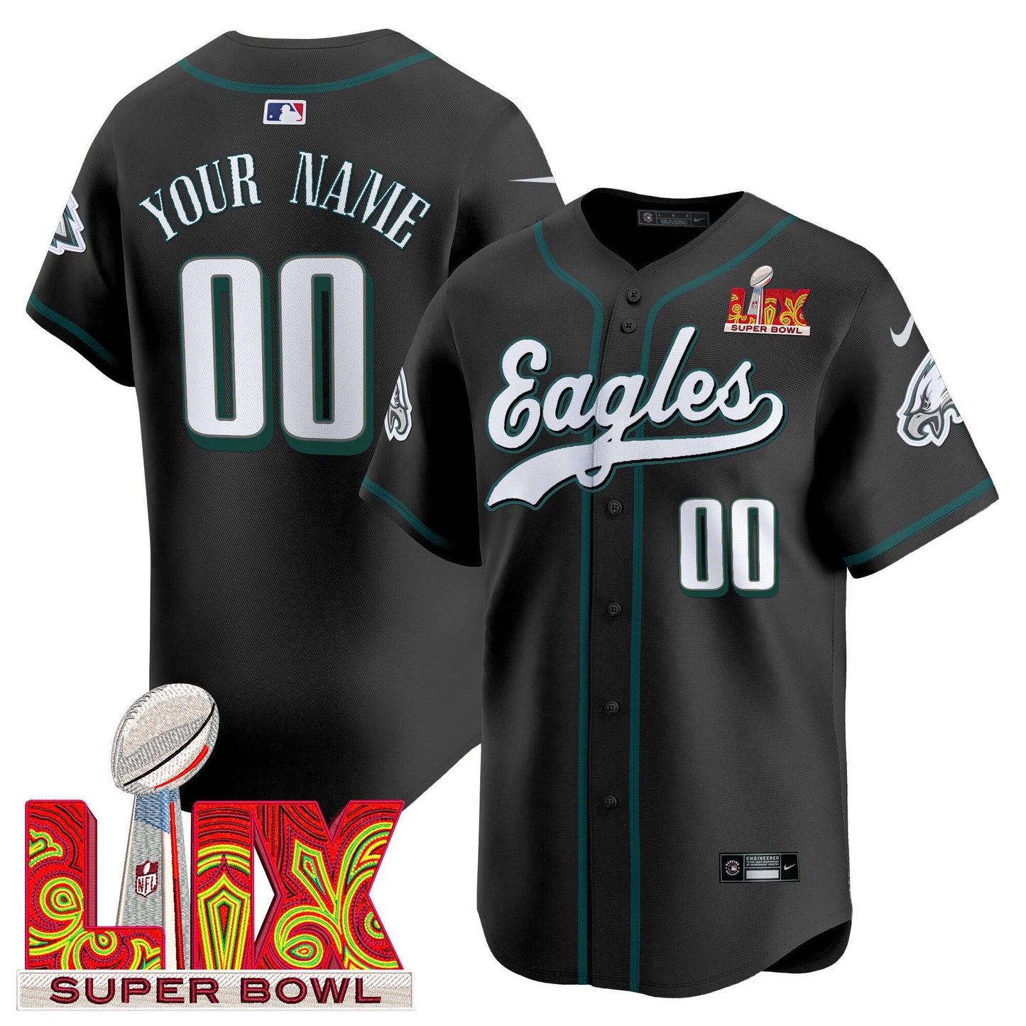 Philadelphia Eagles Midnight Green Super Bowl LIX Vapor Baseball Custom Jersey - All Stitched