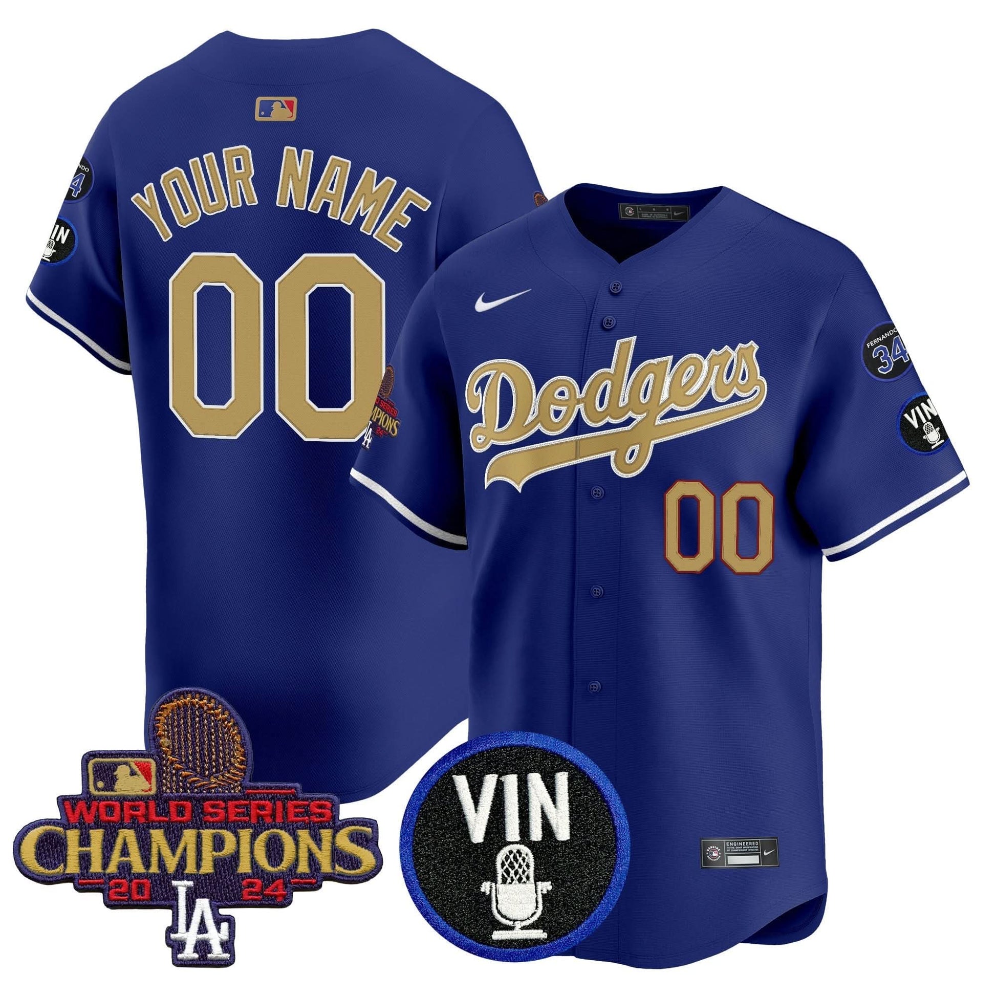 Dodgers 2025 Vin Scully & #34 Fernando Patch Gold Vapor Premier Limited Custom Jersey - All Stitched