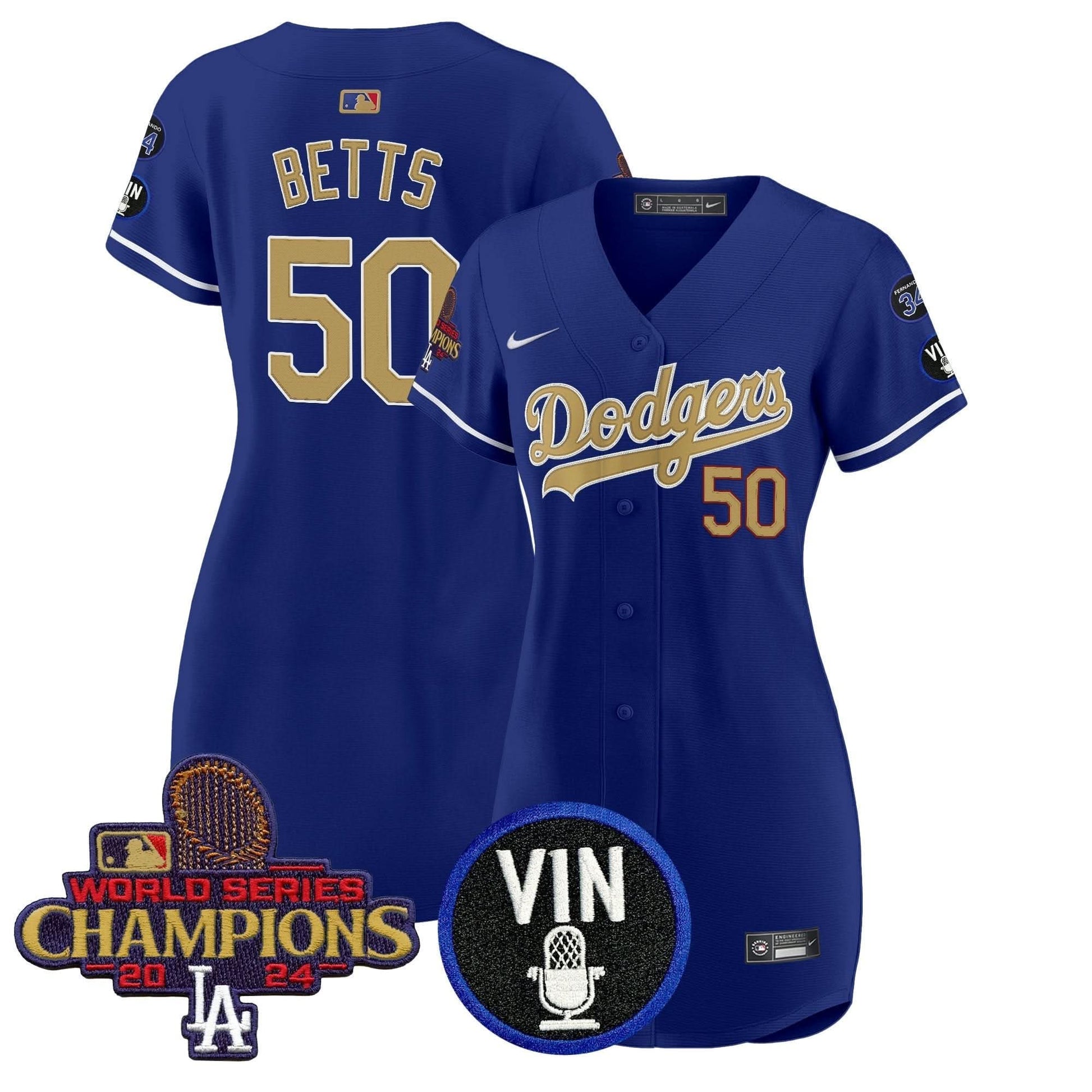 Women's Dodgers 2025 Vin Scully & #34 Fernando Patch Gold Baseball Dress - All Stitched