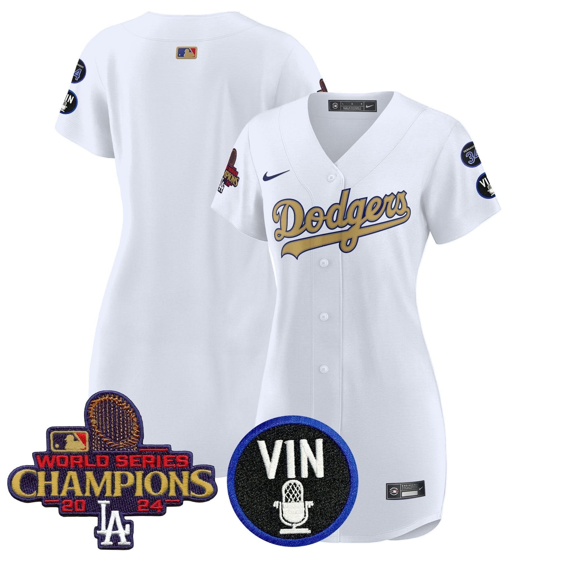 Women's Dodgers 2025 Vin Scully & #34 Fernando Patch Gold Baseball Dress - All Stitched