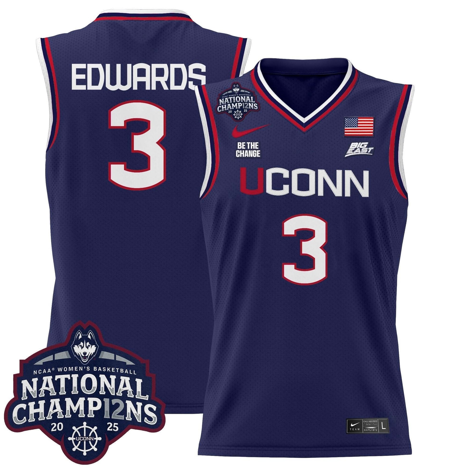 Men's Size - UConn Huskies 2025 Women's National Champions Patch Lightweight Basketball Jersey - All Stitched