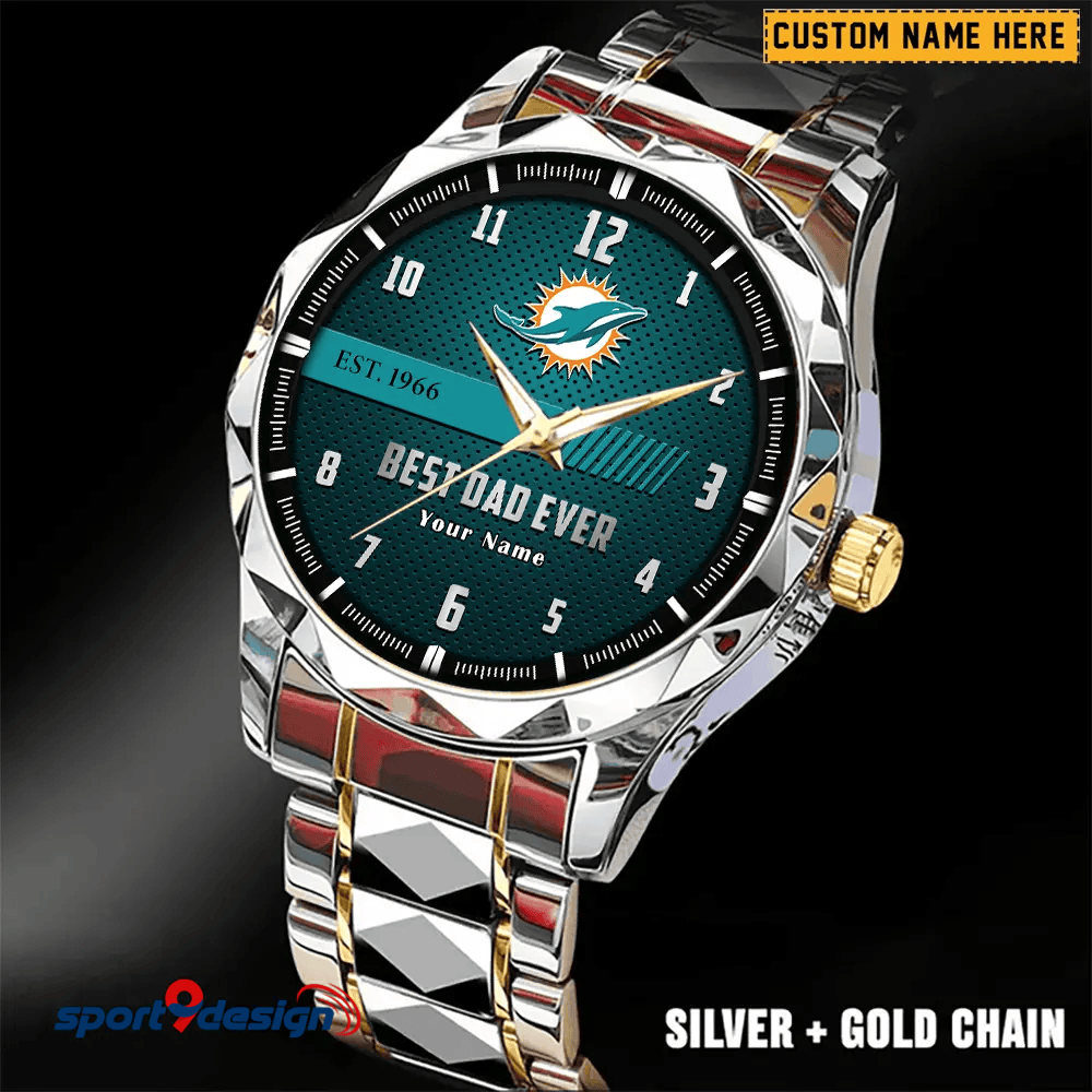 Miami Dolphins Best Dad Ever Luxury Diamond Men Watch Father's Day Gift