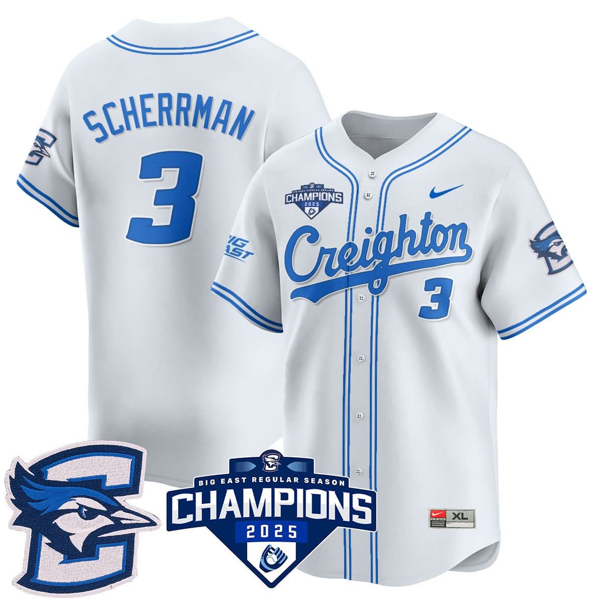 Men's Creighton Baseball 2025 Big East Baseball Tournament Champions Jersey N1 - All Stitched