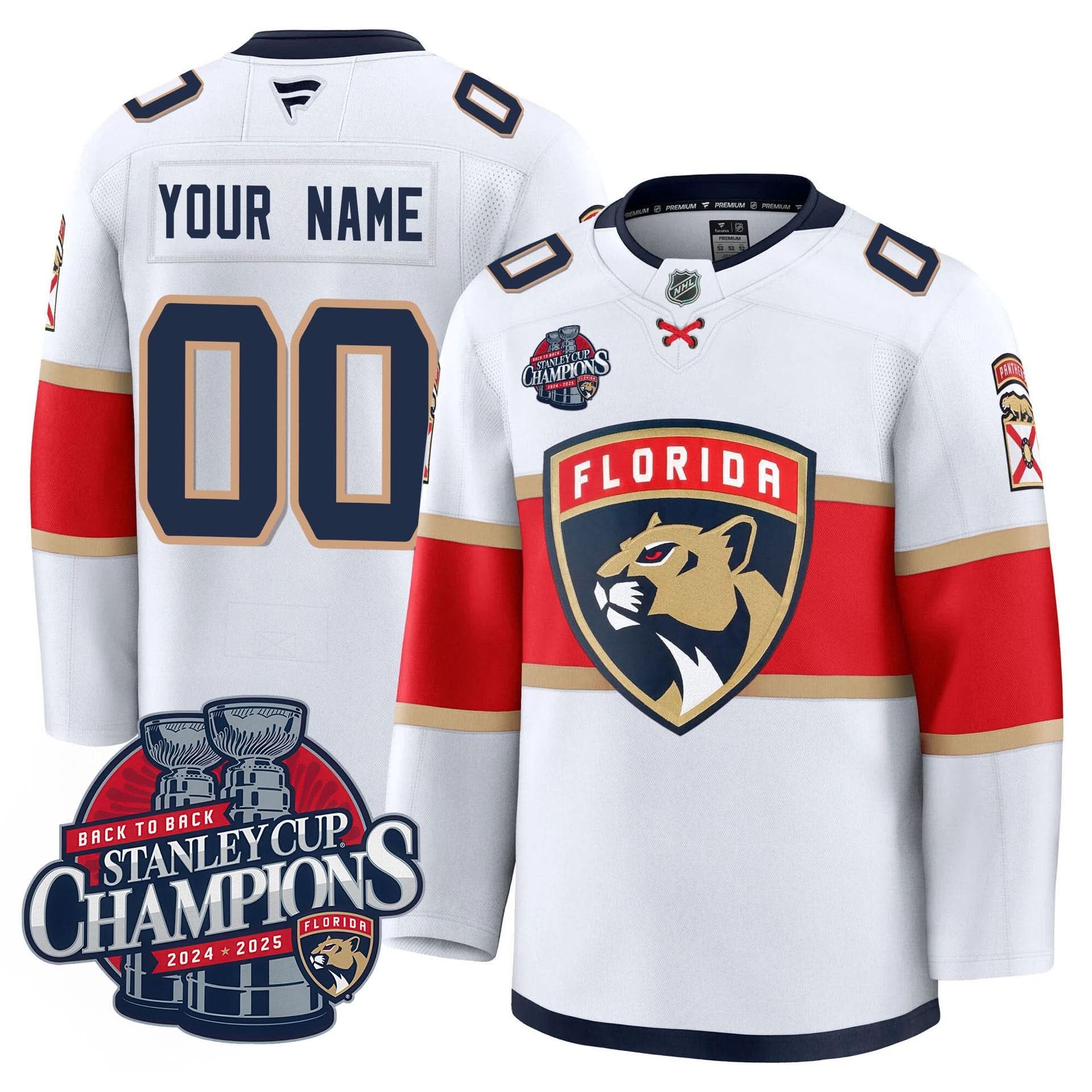 Custom Florida Panthers 2025 Stanley Cup B2B Champions Jersey N1 - All Stitched