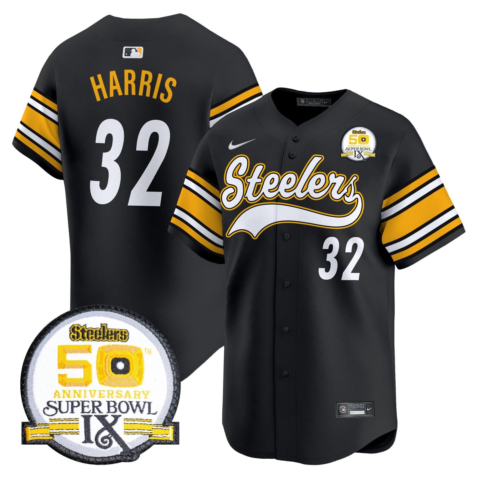 Men's Steelers 50th Anniversary Of Super Bowl IX Patch Vapor Premier Baseball Jersey - All Stitched