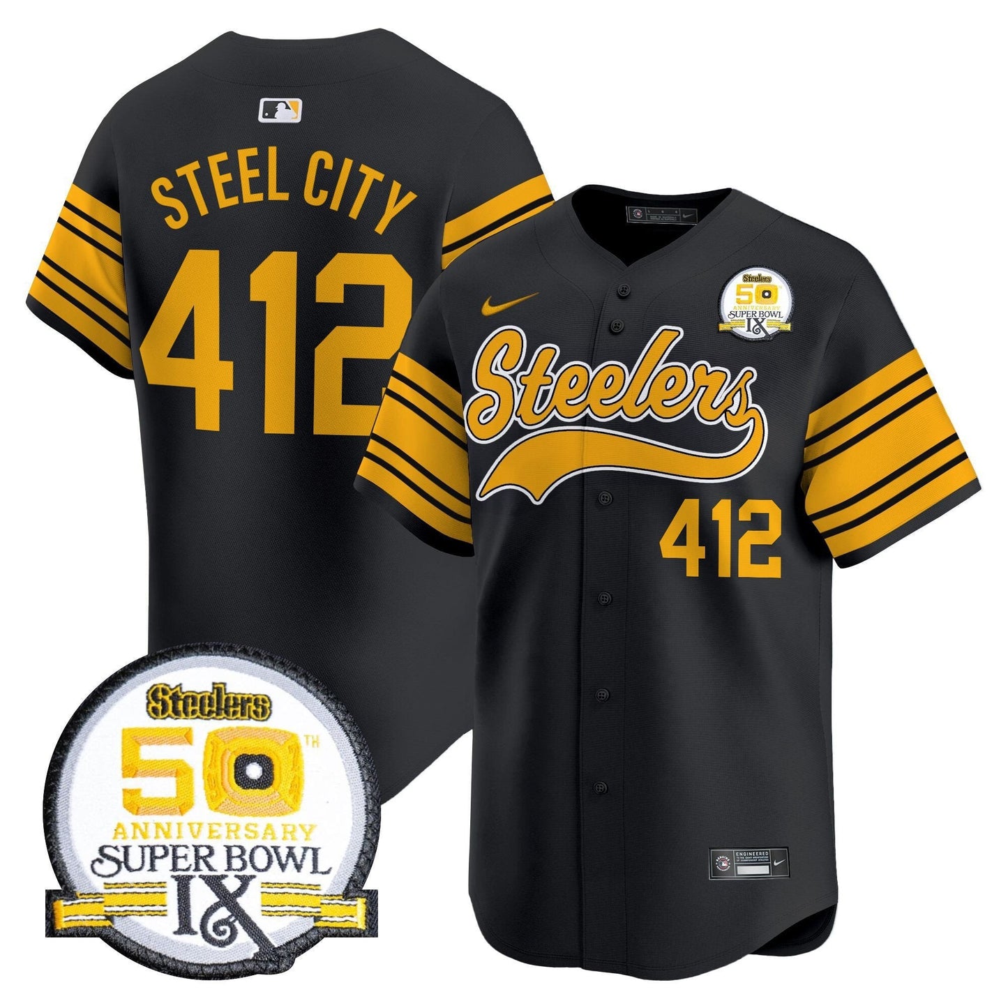 Men's Steelers 50th Anniversary Of Super Bowl IX Patch Vapor Premier Baseball Jersey - All Stitched