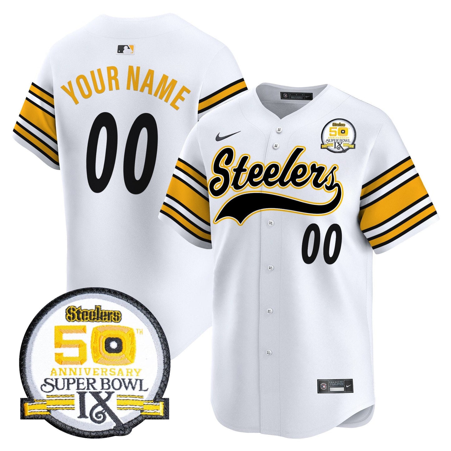 Steelers 50th Anniversary Of Super Bowl IX Patch Vapor Premier Baseball Custom Jersey - All Stitched