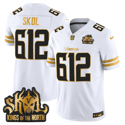 Men's Minnesota Vikings 2025 Gold Vapor Limited Jersey - Kings Of The North Patch - All Stitched