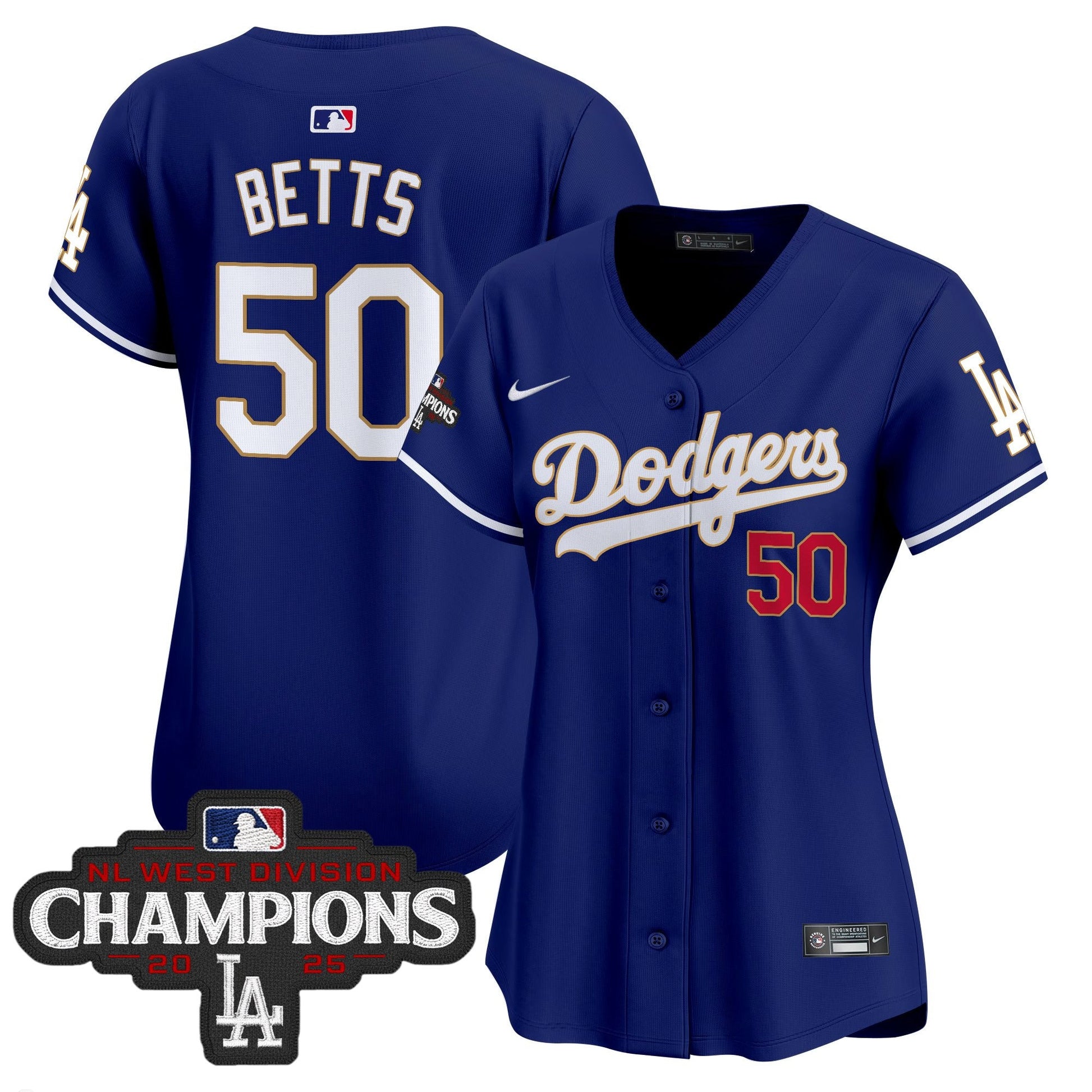Women's Dodgers 2025 NL West Division Champions Patch Gold Trim Vapor Premier Limited Jersey - All Stitched