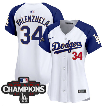 Women's Dodgers 2025 NL West Division Champions Patch Gold Trim Vapor Premier Limited Jersey - All Stitched