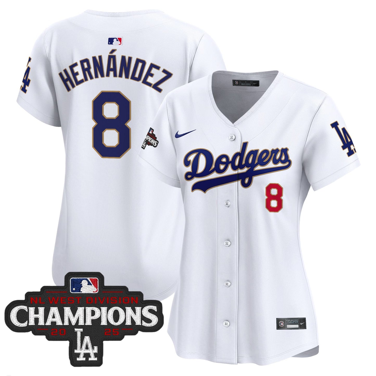 Women's Dodgers 2025 NL West Division Champions Patch Gold Trim Vapor Premier Limited Jersey - All Stitched