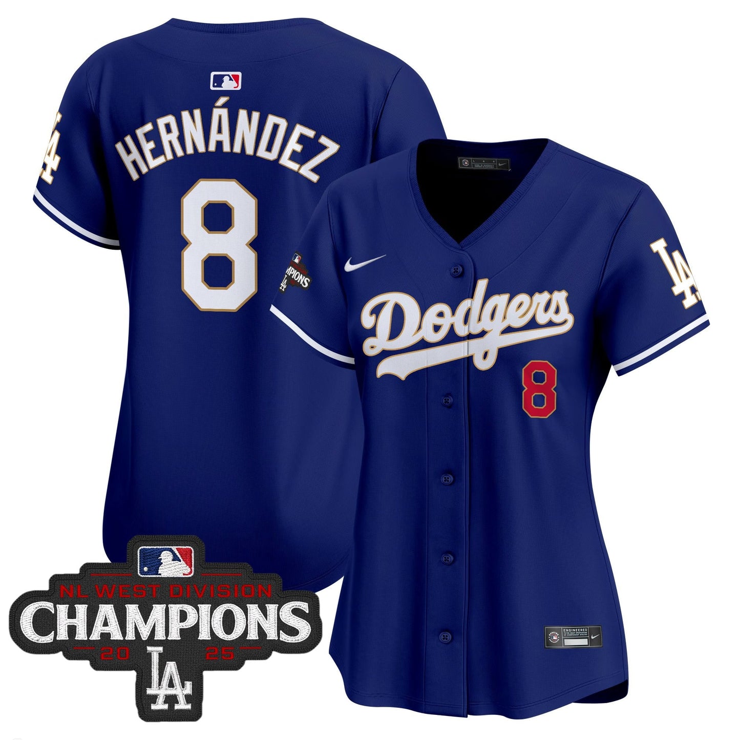 Women's Dodgers 2025 NL West Division Champions Patch Gold Trim Vapor Premier Limited Jersey - All Stitched