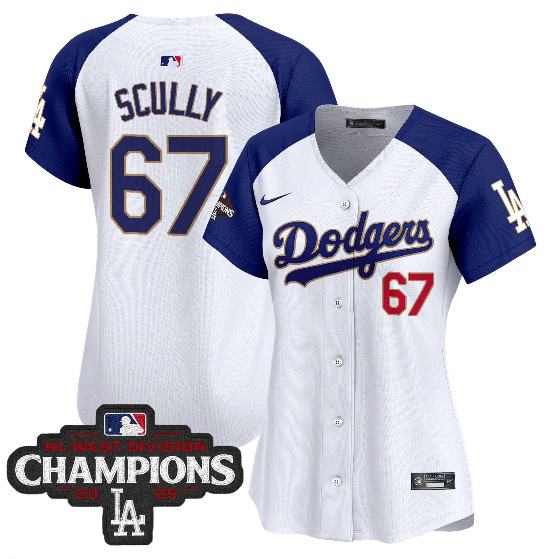 Women's Dodgers 2025 NL West Division Champions Patch Gold Trim Vapor Premier Limited Jersey - All Stitched