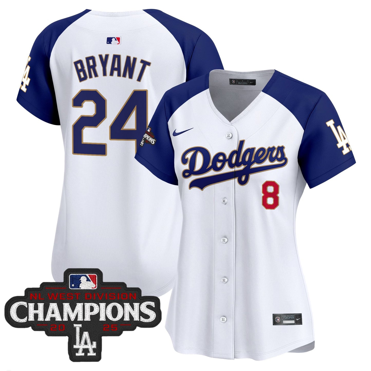 Women's Dodgers 2025 NL West Division Champions Patch Gold Trim Vapor Premier Limited Jersey - All Stitched