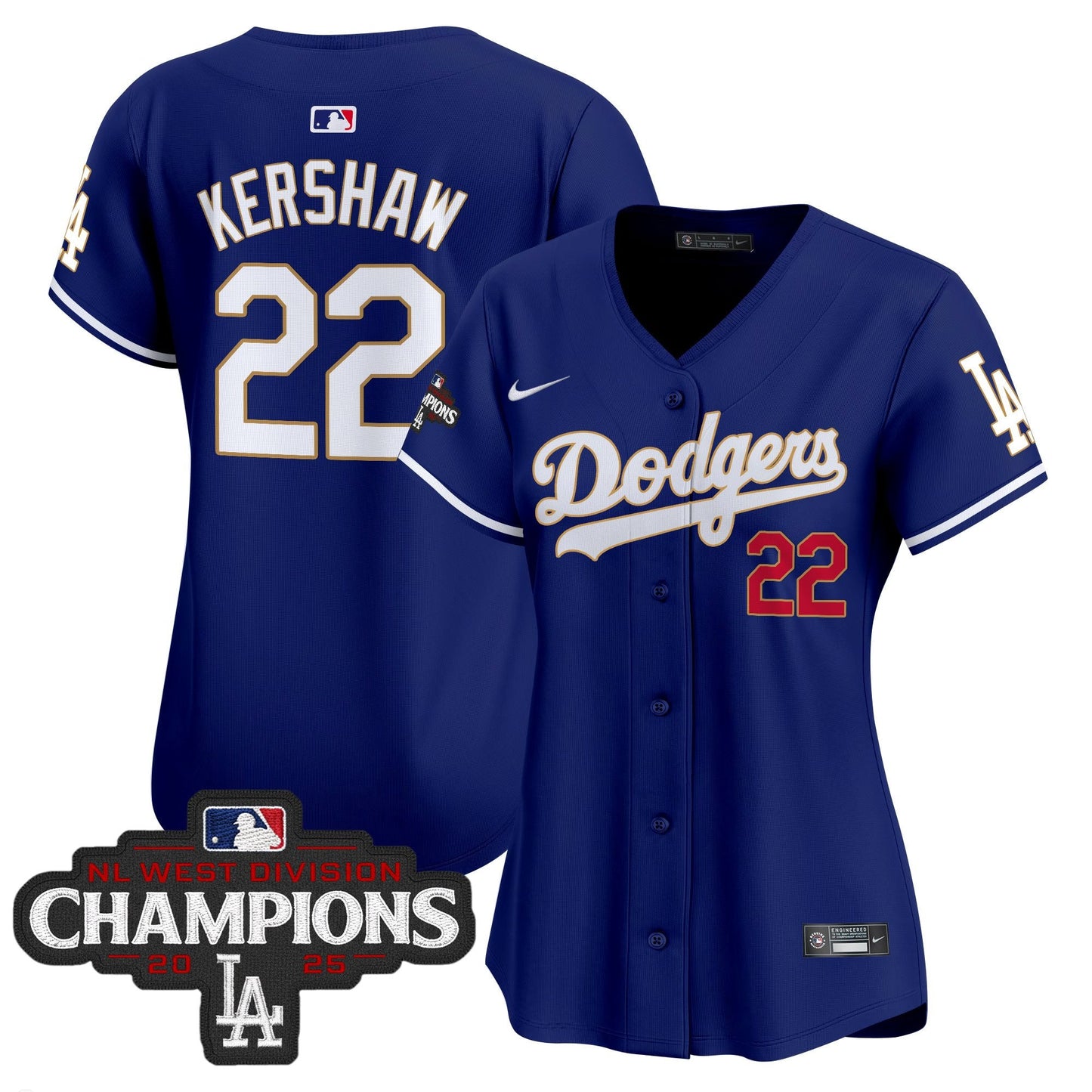 Women's Dodgers 2025 NL West Division Champions Patch Gold Trim Vapor Premier Limited Jersey - All Stitched