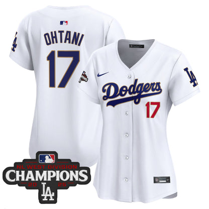 Women's Dodgers 2025 NL West Division Champions Patch Gold Trim Vapor Premier Limited Jersey - All Stitched