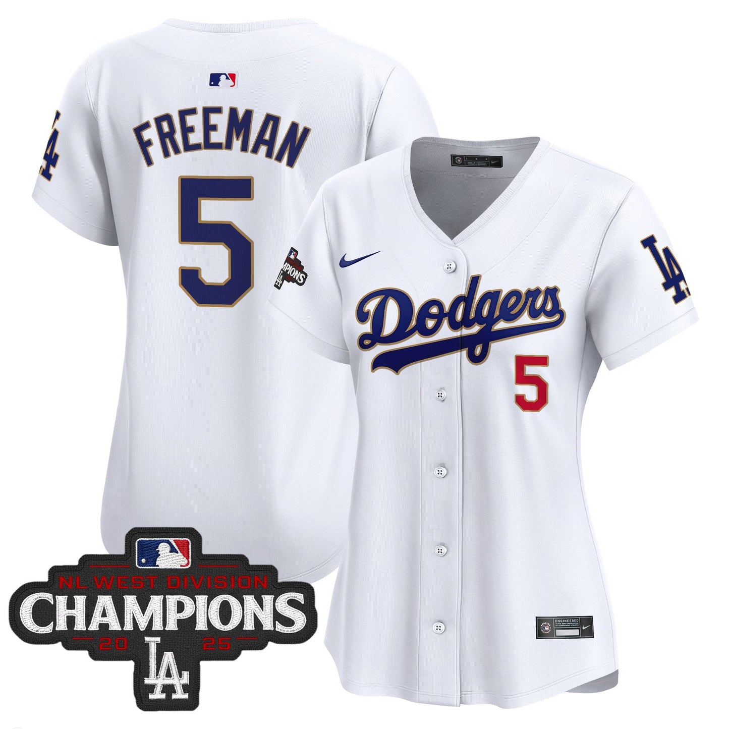 Women's Dodgers 2025 NL West Division Champions Patch Gold Trim Vapor Premier Limited Jersey - All Stitched