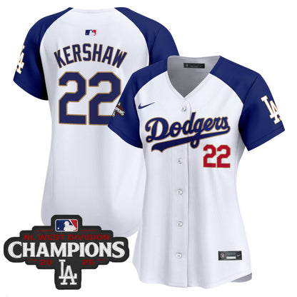 Women's Dodgers 2025 NL West Division Champions Patch Gold Trim Vapor Premier Limited Jersey - All Stitched