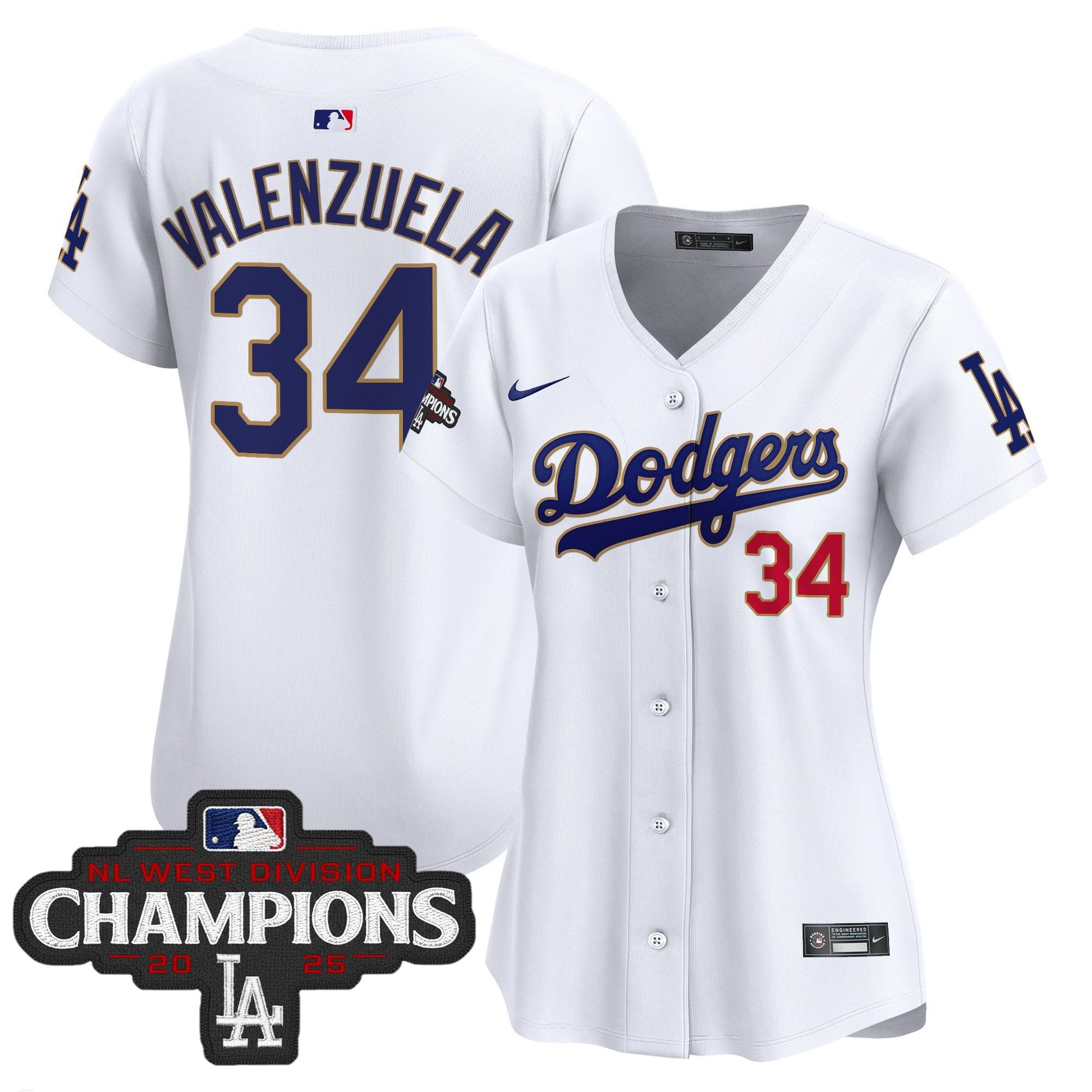 Women's Dodgers 2025 NL West Division Champions Patch Gold Trim Vapor Premier Limited Jersey - All Stitched