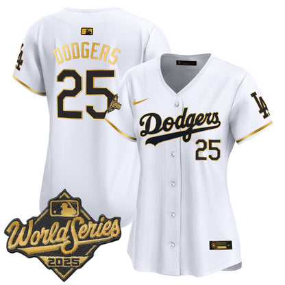 Women's Dodgers 2025 World Series Gold Trim Vapor Premier Limited Jersey - All Stitched