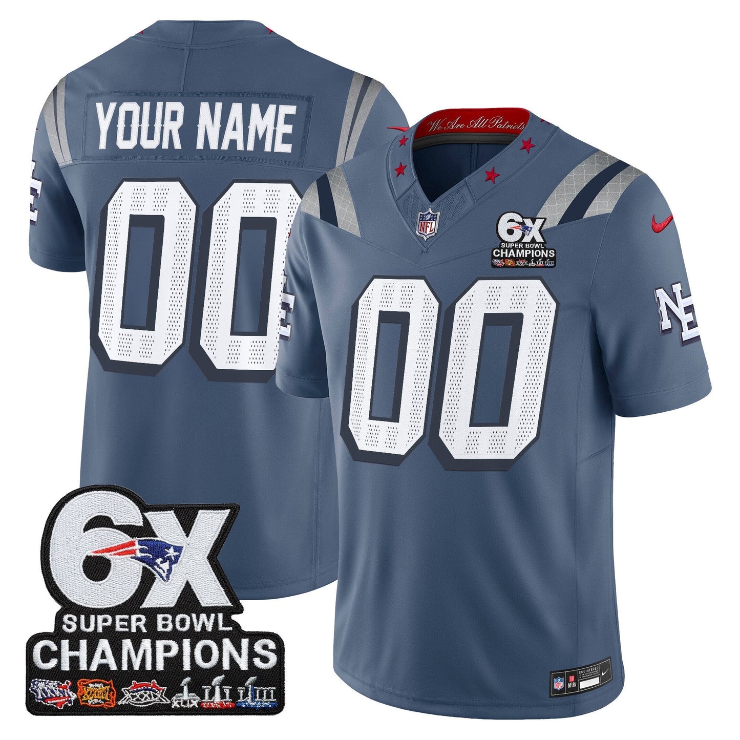 New England Patriots 6-Time Champions Patch Vapor Limited Custom Jersey - All Stitched