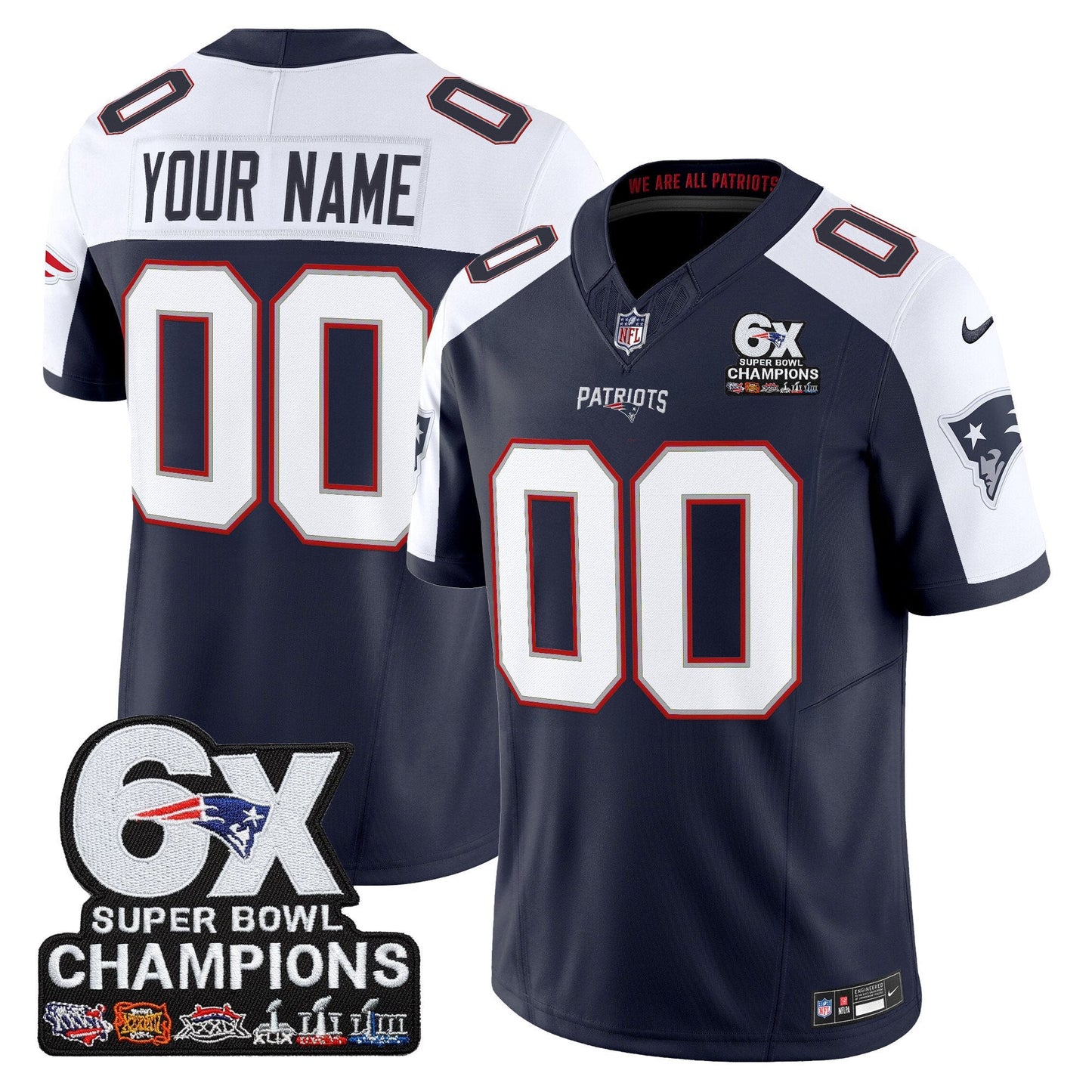 New England Patriots 6-Time Champions Patch Vapor Limited Custom Jersey - All Stitched