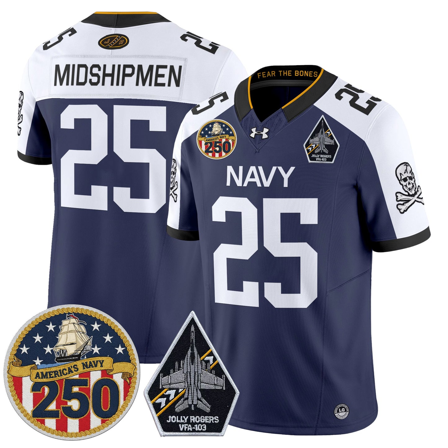 Men's Navy Midshipmen 'Jolly Rogers Edition' Vapor Limited Jersey - 250th Anniversary Patch - Stitched