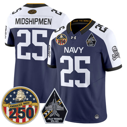 Men's Navy Midshipmen 'Jolly Rogers Edition' Vapor Limited Jersey - 250th Anniversary Patch - Stitched