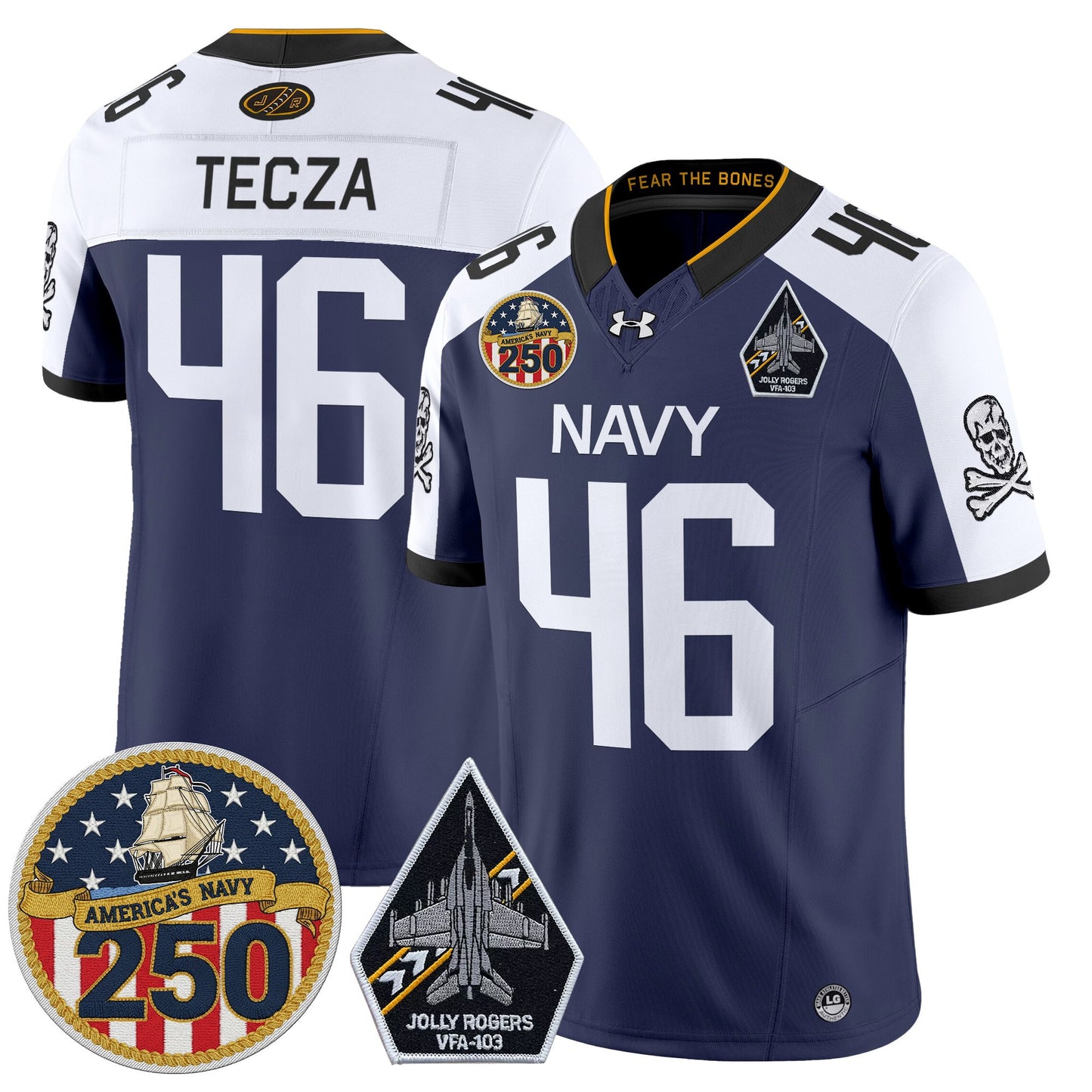 Men's Navy Midshipmen 'Jolly Rogers Edition' Vapor Limited Jersey - 250th Anniversary Patch - Stitched