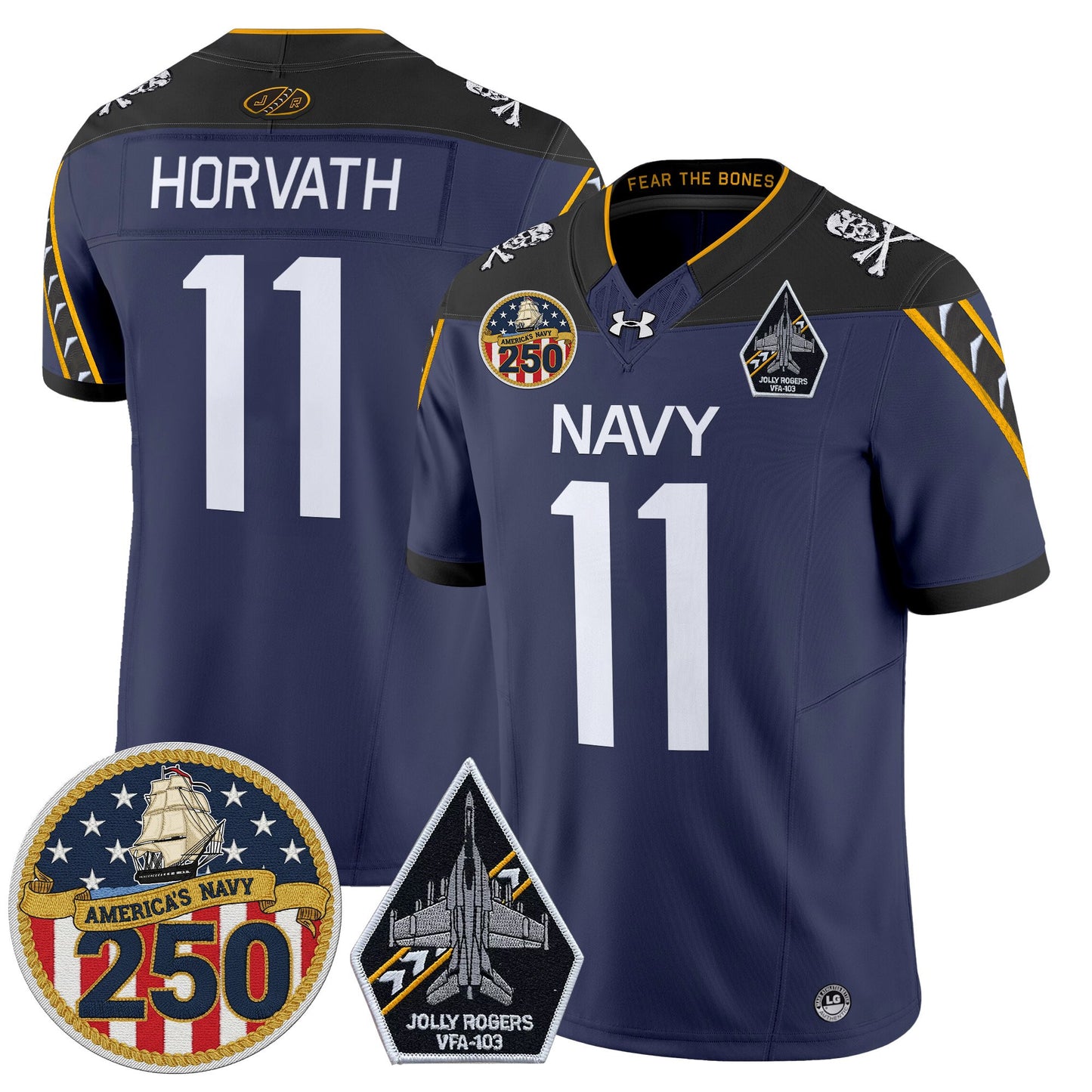 Men's Navy Midshipmen 'Jolly Rogers Edition' Vapor Limited Jersey - 250th Anniversary Patch - Stitched