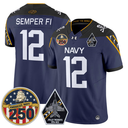 Men's Navy Midshipmen 'Jolly Rogers Edition' Vapor Limited Jersey - 250th Anniversary Patch - Stitched
