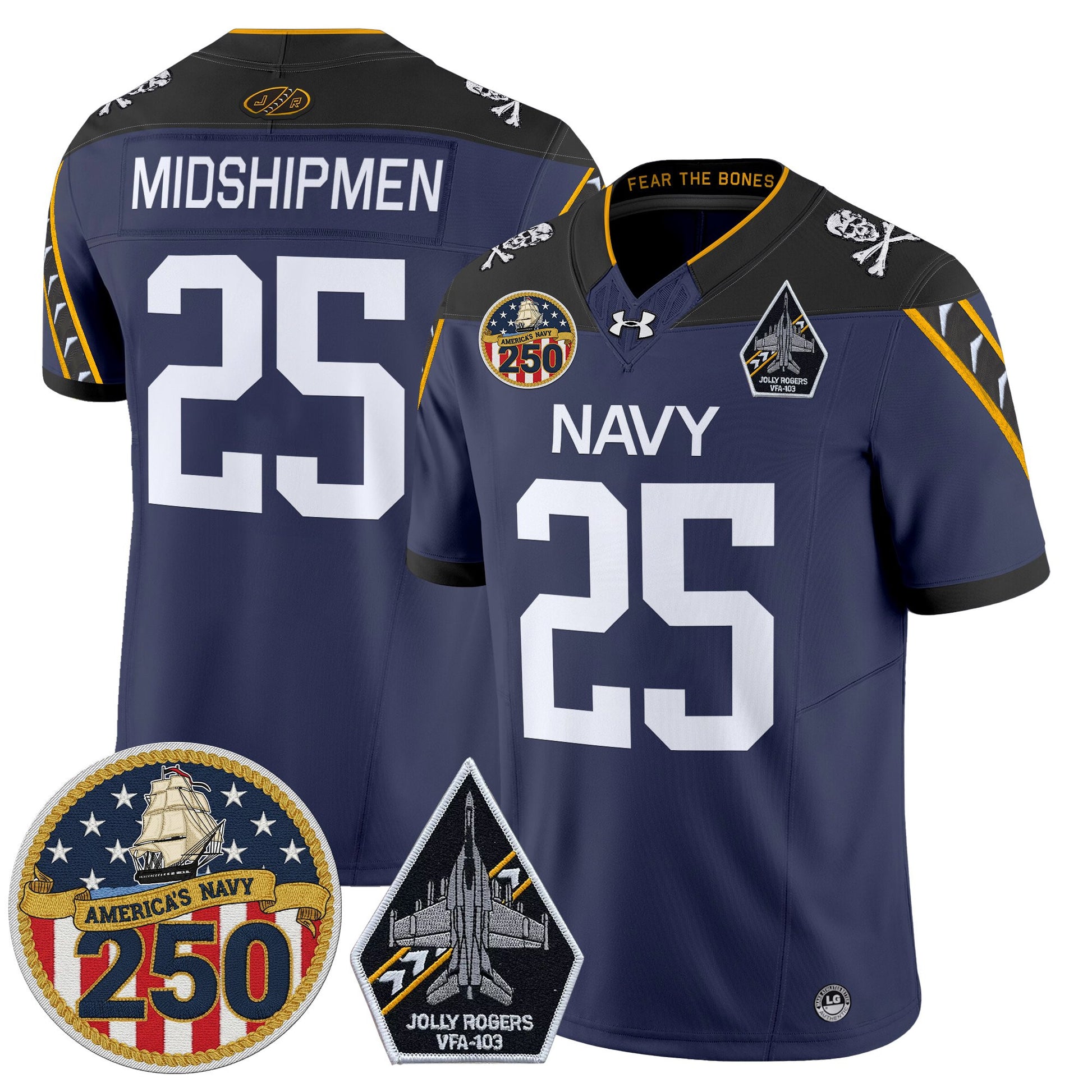 Men's Navy Midshipmen 'Jolly Rogers Edition' Vapor Limited Jersey - 250th Anniversary Patch - Stitched