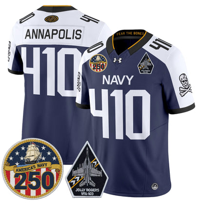 Men's Navy Midshipmen 'Jolly Rogers Edition' Vapor Limited Jersey - 250th Anniversary Patch - Stitched