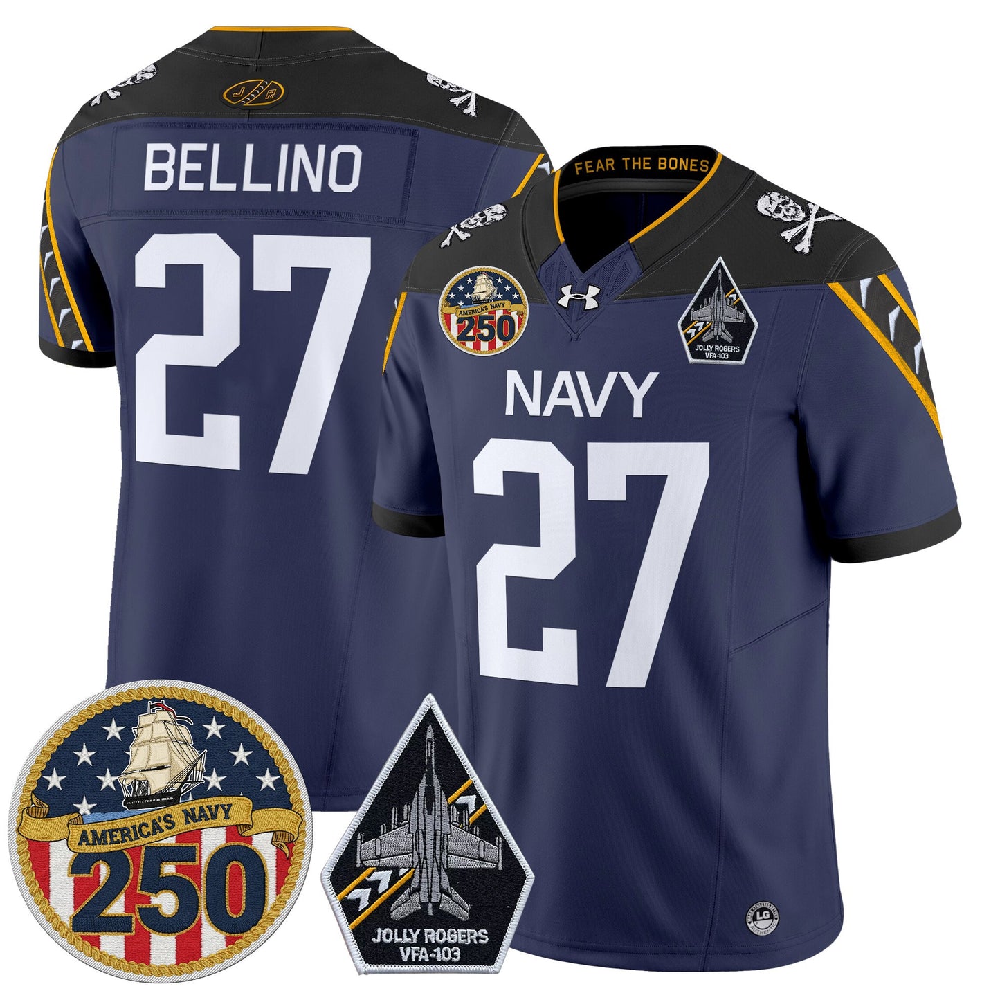 Men's Navy Midshipmen 'Jolly Rogers Edition' Vapor Limited Jersey - 250th Anniversary Patch - Stitched