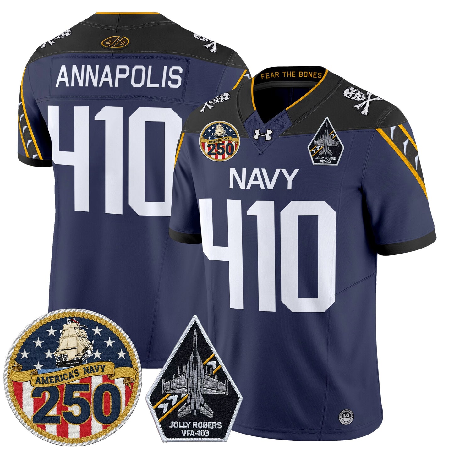 Men's Navy Midshipmen 'Jolly Rogers Edition' Vapor Limited Jersey - 250th Anniversary Patch - Stitched