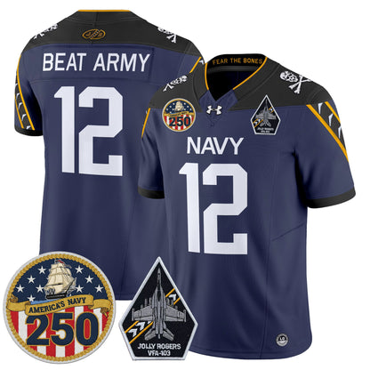 Men's Navy Midshipmen 'Jolly Rogers Edition' Vapor Limited Jersey - 250th Anniversary Patch - Stitched
