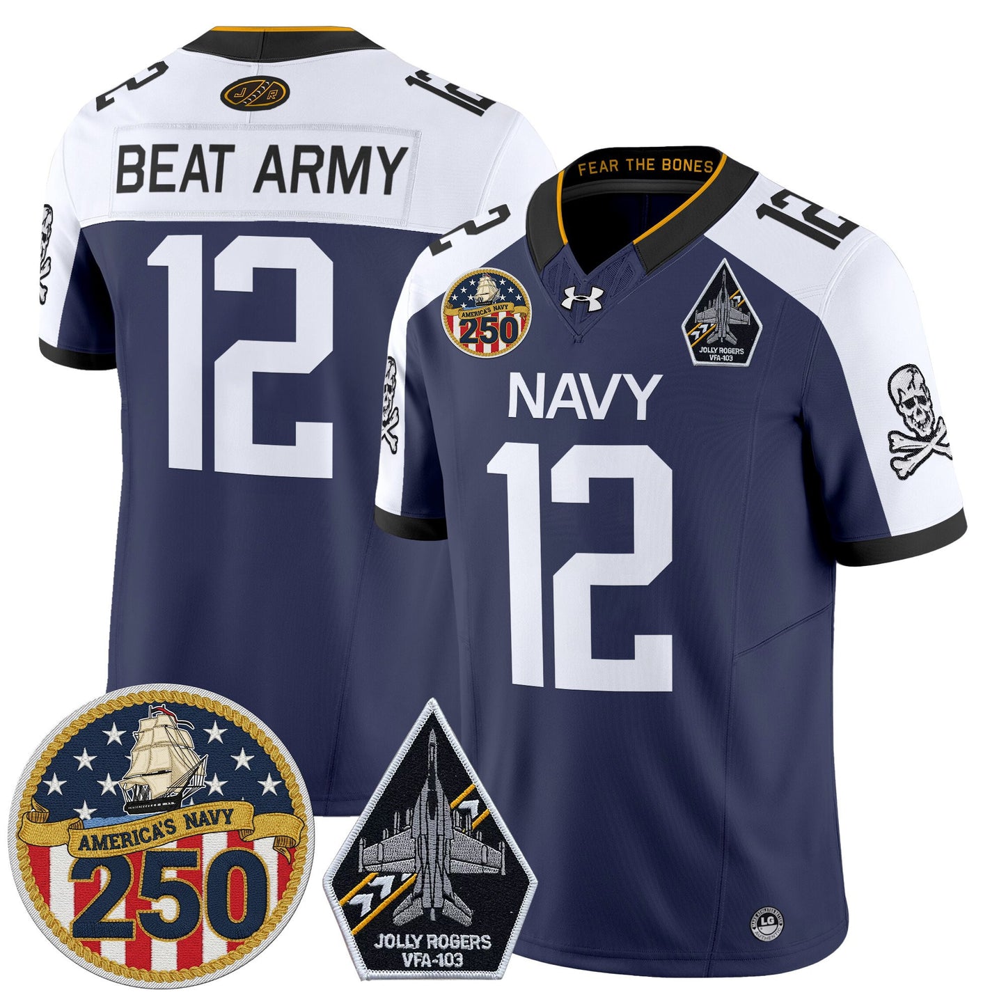 Men's Navy Midshipmen 'Jolly Rogers Edition' Vapor Limited Jersey - 250th Anniversary Patch - Stitched