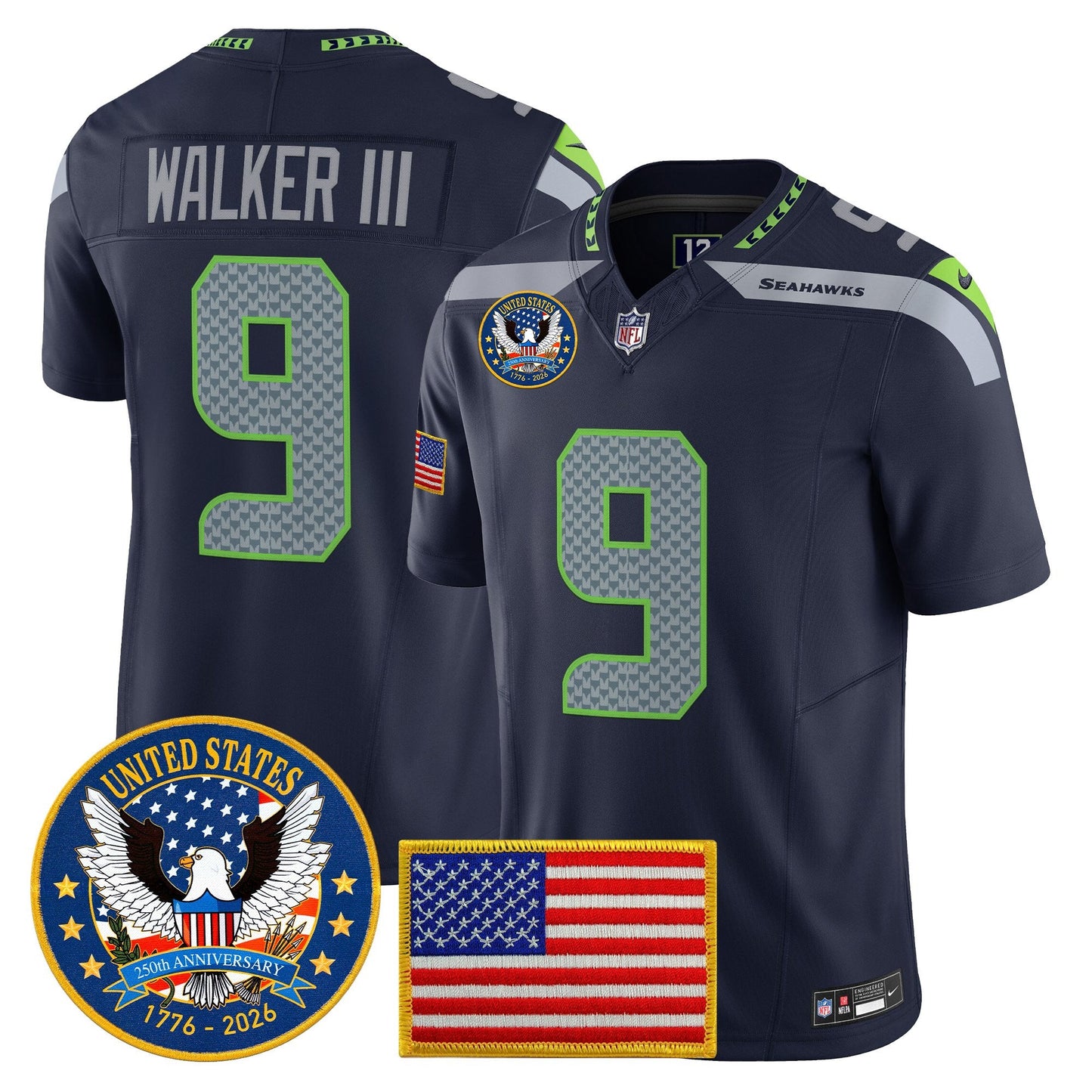 Men's Seattle Seahawks "United States 250th Anniversary Patch" Vapor Limited Jersey - All Stitched