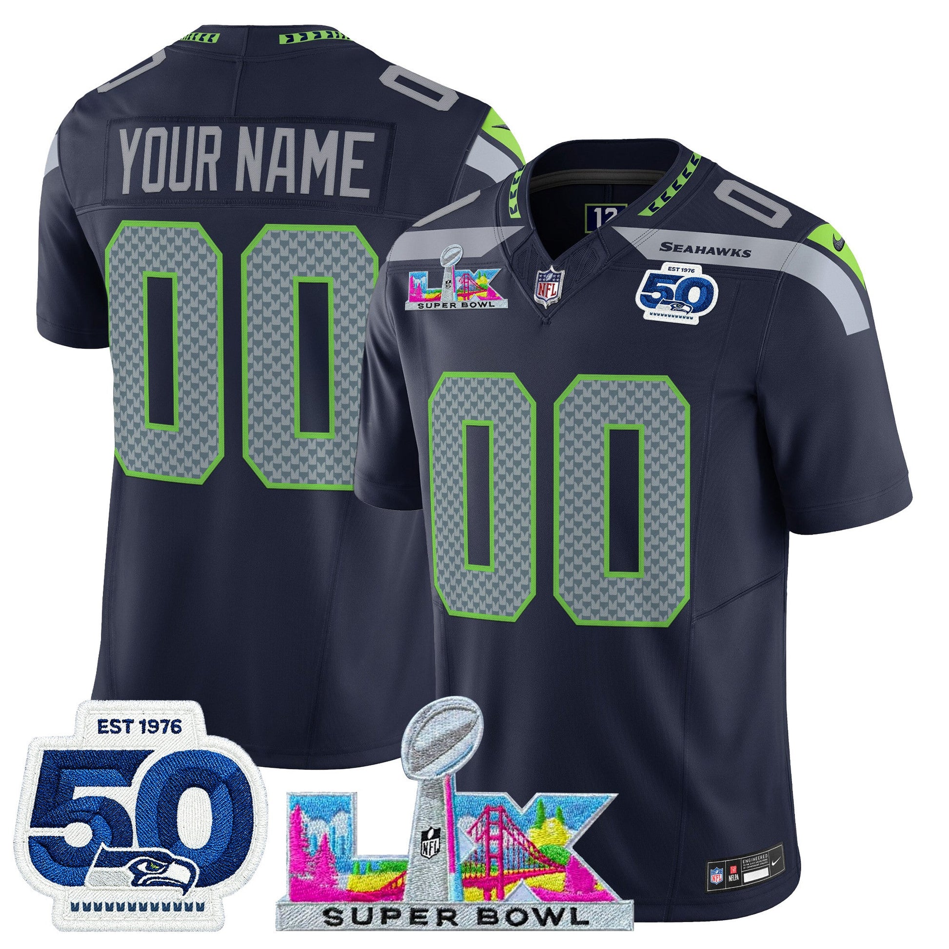 Seattle Seahawks "Super Bowl LX & 50th Patch" Vapor Limited Custom Jersey - All Stitched