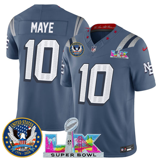Men's New England Patriots "Super Bowl LX & United States 250th Patch" Vapor Limited Jersey - All Stitched