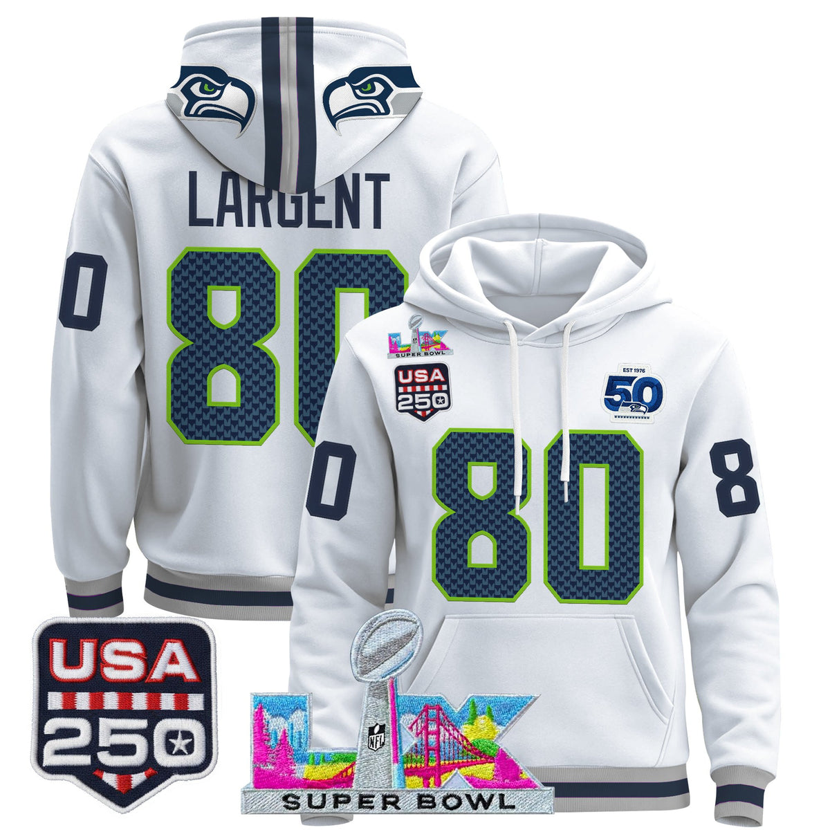 Men's Seattle Seahawks "Super Bowl LX & United States 250th Anniversary Patch" Premier Hoodie - All Stitched
